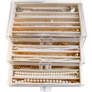 Necklace Holder Organizer, Dustproof Necklace Box Velvet Necklace Organizer Box with Lid Clear Acrylic Dustproof Stackable Jewelry Displays for Necklaces Chain Display (Beige, 3 Drawer)