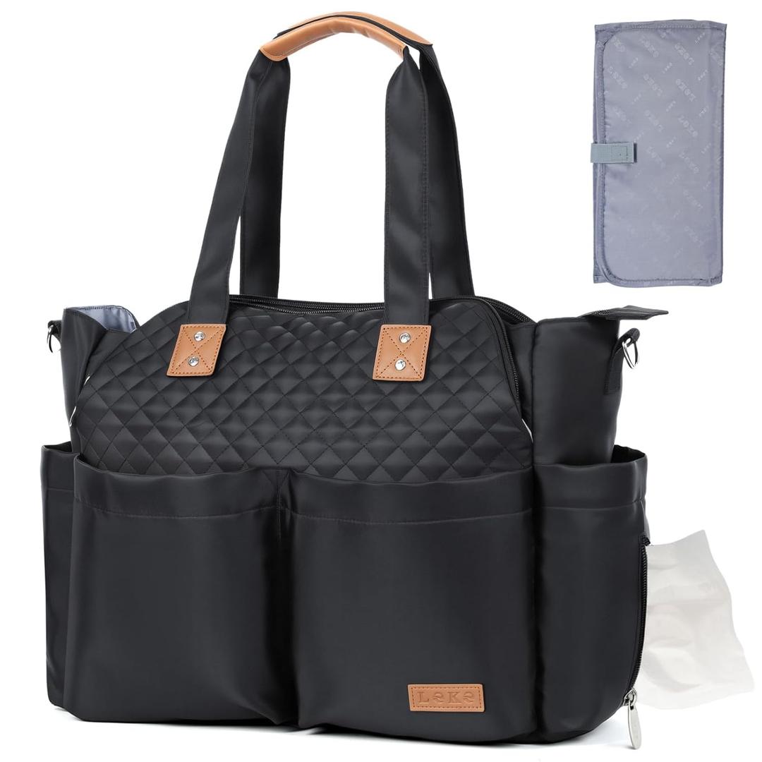 Lekebaby Diaper Bag Tote, Large Diaper Bags Waterproof, Large Mommy Bag for Hospital, Baby Bags for Mom Travel Diaper Tote Messenger Purse, Quilted Black