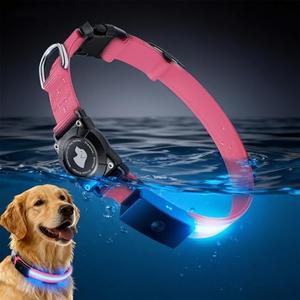 LED AirTag Dog Collar - Brightest Light Up Dog Collars - IP68 Waterproof Air Tag Dog Collar Holder - 1,600 Feet of High Visibility - Magnetic Charging - Dog Lights for Night Walking, Pink L