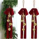 Moxweyeni 2 Sets Christmas Cow Bells with Velvet Bow 18.5 Inch Vintage Bells with Jute Hanging Rope Rustic Gold Ornaments for Wreath Teardrop Swags Wall Door Decoration(Ball)