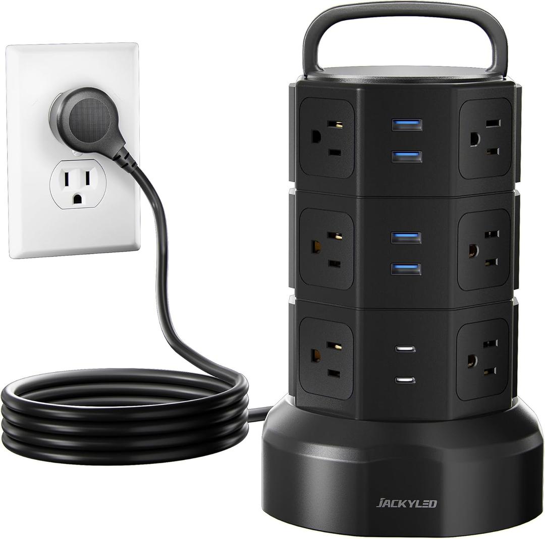 Power Strip Tower Surge Protector, JACKYLED 1625W 13A Outlet Surge Electric Tower, 12 Outlets 6 USB Ports Charging Station with 16AWG 6.5ft Heavy Duty Extension Cord for Home Office Dorm Black