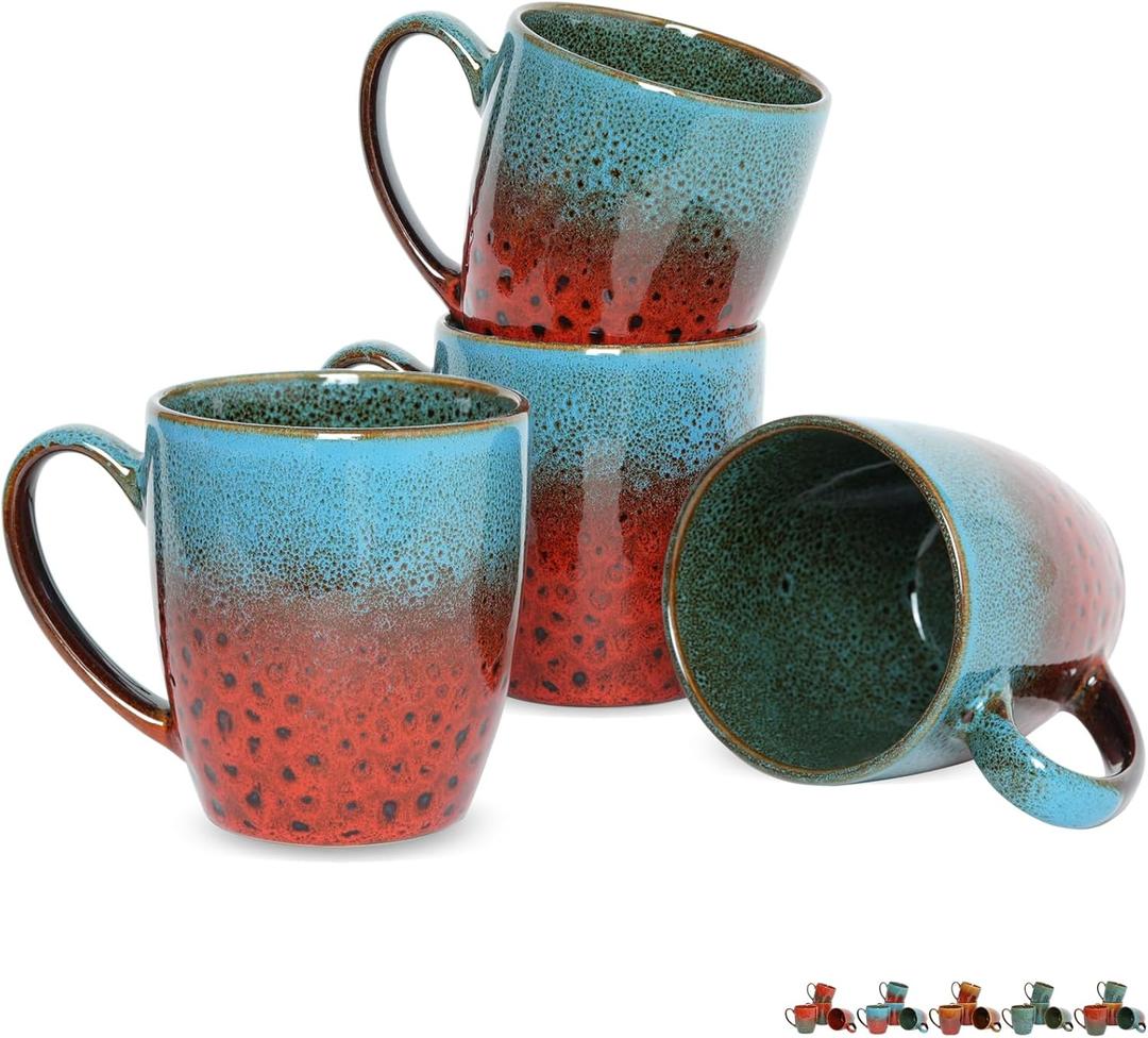 Bosmarlin Ceramic Coffee Mug Set of 4, 17 Oz, Coffee Cups with Big Handle, Microwave Safe, Unique Reactive Glaze (Blue&Red)