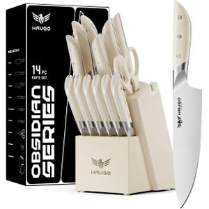Kitchen Knife Set - Haugo 14 PCS Cream White Knife Set with Block and Sharpener - German Stainless Steel - Full Tang Knife Block Set and Ergonomic Handle - Obsidian Series