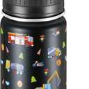 14 Oz Kids Water Bottle, Stainless Steel Water Bottle with Straws, Leak-Proof, BPA-Free, Insulated Water Bottles for School Boys & Girls|Black Car