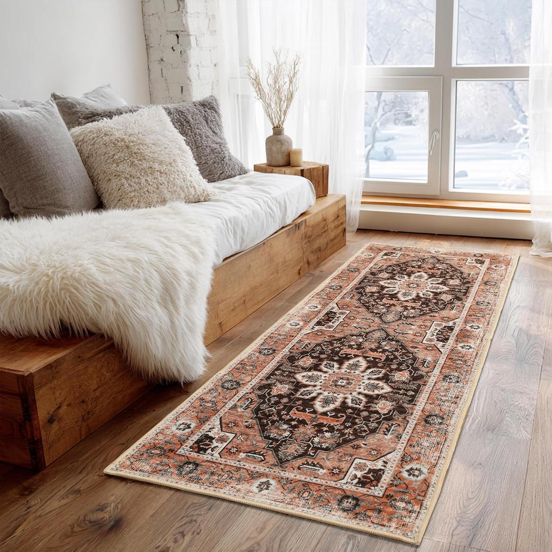 XWZO Runner Rug 2x6ft, Washable Hallway Runner with Non-Slip Backing, Vintage Spill Stain Resistant Floor Mat for Entryway Corridor Bedroom Kitchen, Soft Low-Pile Area Carpet, Brick Red