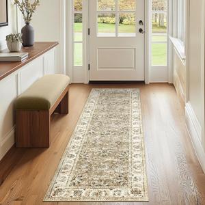 jinchan Runner Rug 2x5 Machine Washable Hallway Rug Taupe Vintage Floral Print Non-Slip Low Pile Ultra-Thin for Kitchen,Entryway,Laundry Room,Bedroom,Farmhouse (2x5,Taupe)