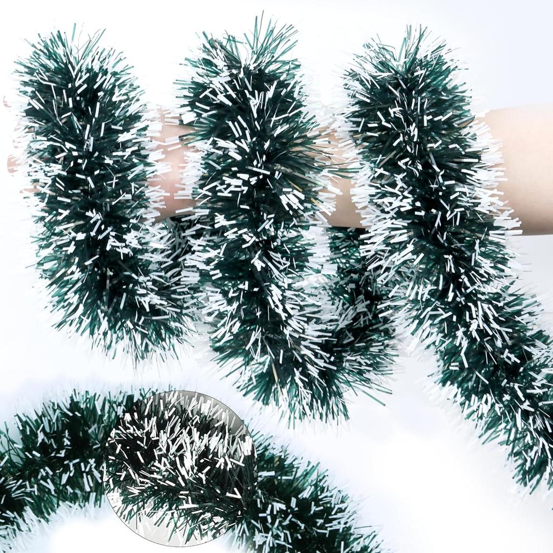 50FT Green White Christmas Tinsel Garland, Metallic Twist Xmas Garland for Christmas Tree Decorations, Holiday Hanging Garlands for Mantel Staircase Fireplace Indoor Outdoor Home Party Decor