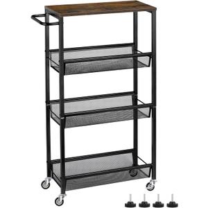MOOACE Slim Storage Cart, 4 Tier Rolling Kitchen Shelving Unit on Wheels Mobile Narrow Cart with Wooden Tabletop for Bathroom, Laundry Narrow Places, 16.6''x 7.3''x 31.1''inch (Black)