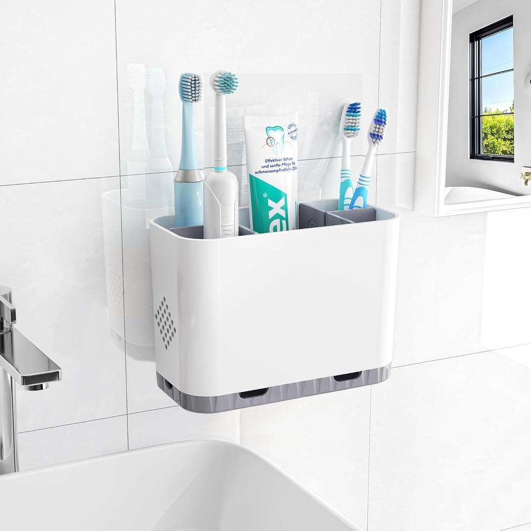 Toothbrush and Toothpaste Holders for Bathrooms Countertop - Detachable 5 Slots Kids Electric Toothbrush Holders Set Wall Mounted with Removable Dividers for Bathroom Decor and Accessories Organizer (Whitegrey)