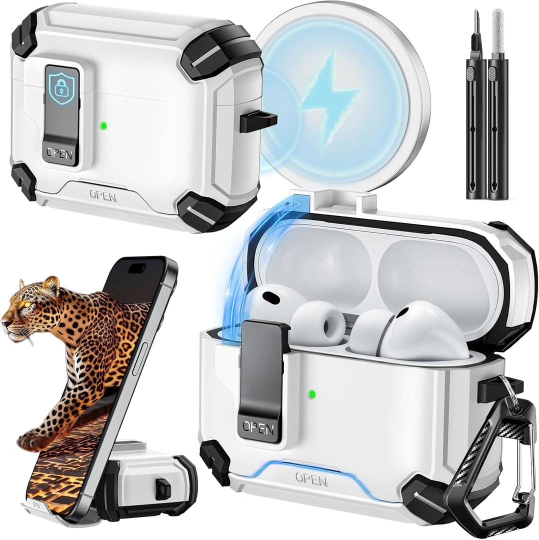 Inesore for AirPods Pro 3 Case (2025) with Phone Stand & Cleaning Kit, Compatible with Magsafe, Magnetic Automatic Lock Cover for AirPods Pro 3rd Generation, White