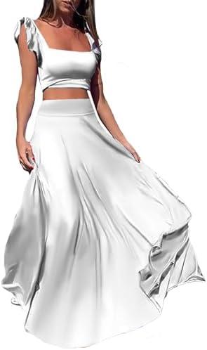 Vakkest Womens Summer Sexy 2 Pieces Outfits Ruffle Tank Top Wrap Boho Tropical Long Skirt Set Clubwear Dresses S White
