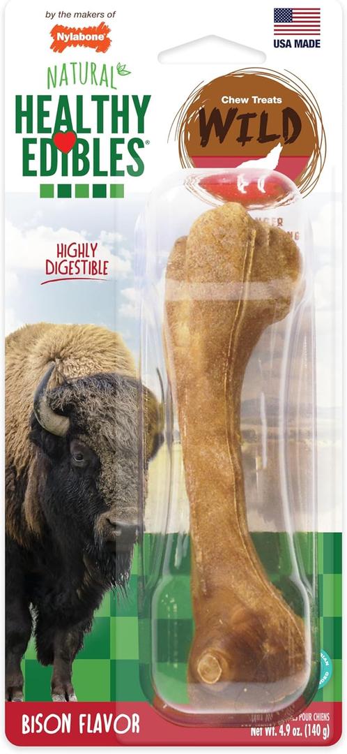 Nylabone Healthy Edibles WILD Natural Dog Chew Treats for Large Dogs, Long Lasting Dog Chew Bones Made in USA, Bison Flavor, For Dogs Up to 50 lbs. (1 Count) (EXP 01/06/29)