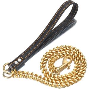 Strong Gold/Silver Dog Chain Leash 3FT Stainless Steel 12mm Curb Cuban Link Dog Leash Training Walking with Comfortable Genuine Leather Handle for Large, Medium Small Dogs (Gold, 3FT)