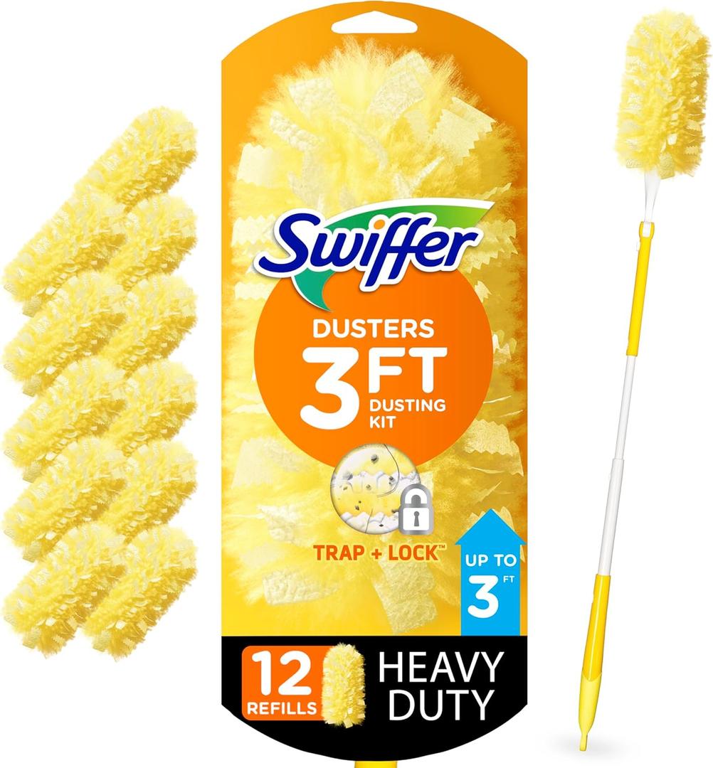 Swiffer Duster Heavy Duty Dusting Kit, Cleaning Supplies, 3 ft Extended Handle, 1 Duster, 12 Refills (1 Kit)