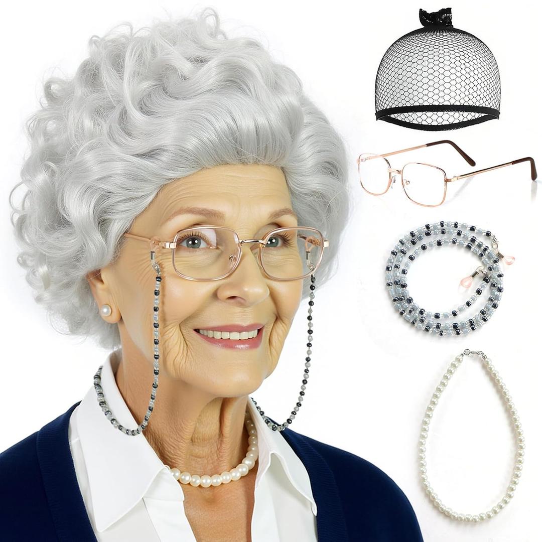 ANOGOL Hair Cap+ 5pcs Old Lady Wig Set Grandma Wigs Granny Wig and Accessories Grey Curly Wigs Old Lady Costume Women 100 Days of School Outfit Halloween Party (Glasses+ Eyeglass Chain+ Necklace)