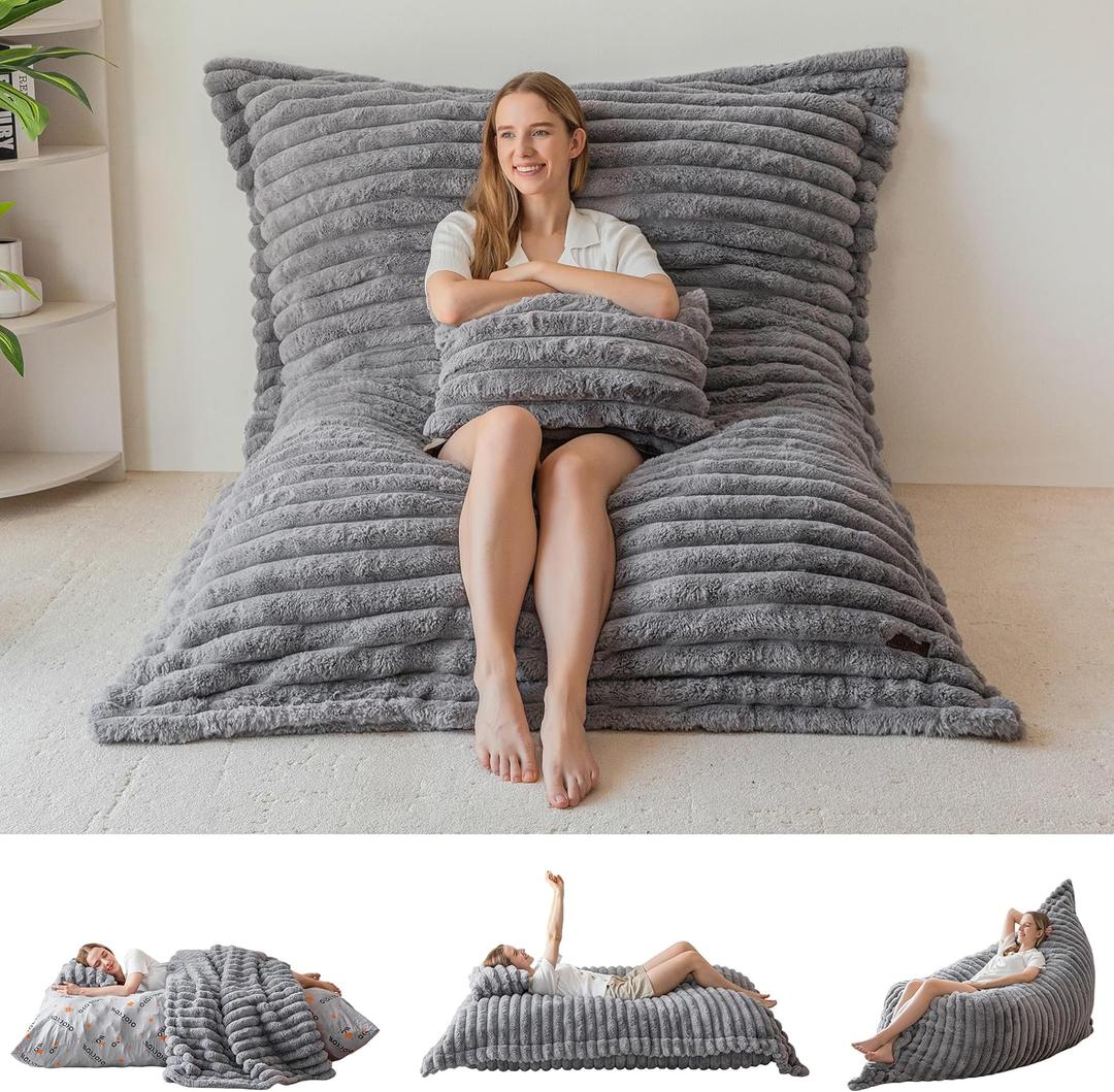 MAXYOYO Giant Bean Bag Chair with Pillow, 3 in 1 Convertible Bean Bag Chair for Adults with Washable Cover, Floor Cushion Stuffed Floor Lounger for Living Room Bedroom, Grey, Full (Faux Fur Grey)