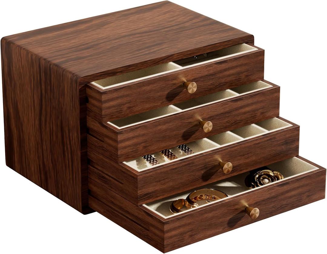 GENUINED Large Black Walnut Wooden Jewelry Box for Women, Anniversary, Birthday, Mothers Day Gifts, High End Wood Jewelry Organizers and Storage(4 Layer)