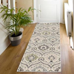 Superior Indoor Area Runner, Jute Backed, Modern Oriental Floral Damask Floor Decor for Office, Living Room, Bedroom, Entryway, Dining/Kitchen, Hardwood, Augusta Collection, 2' x 11', Beige-Brown
