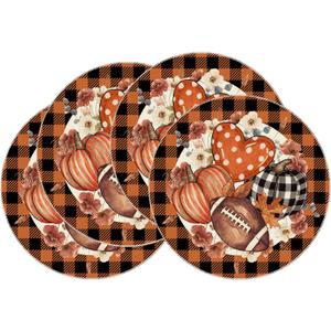 XCHI Fall Football Pumpkin Love Heart Flowers Plaid Round Placemats Set of 4 Table Mats for Party Home Kitchen Dining Table Decorations 14x14 Inch