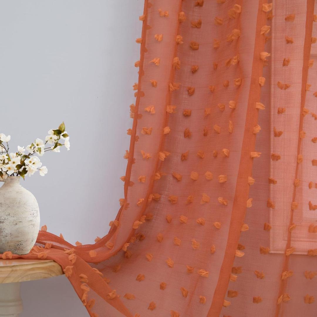 Burnt Orange Curtains 102 Inch for Living Room 2 Panels Set Back Tab Sheer Pom Pom Drapes Terracotta Rust Rustic Western Curtains for Bedroom Cabin Sliding Glass Door Fall Autumn Boho Decor 52W x 102L