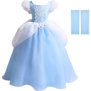 MDYCW Cinderella Princess Dress Puff Sleeve Costume, Special Occasion Dresses for Toddler Girls Age 6-7 Years, Ultra Soft Lace Fancy Gown Birthday Party Dress Up, Blue