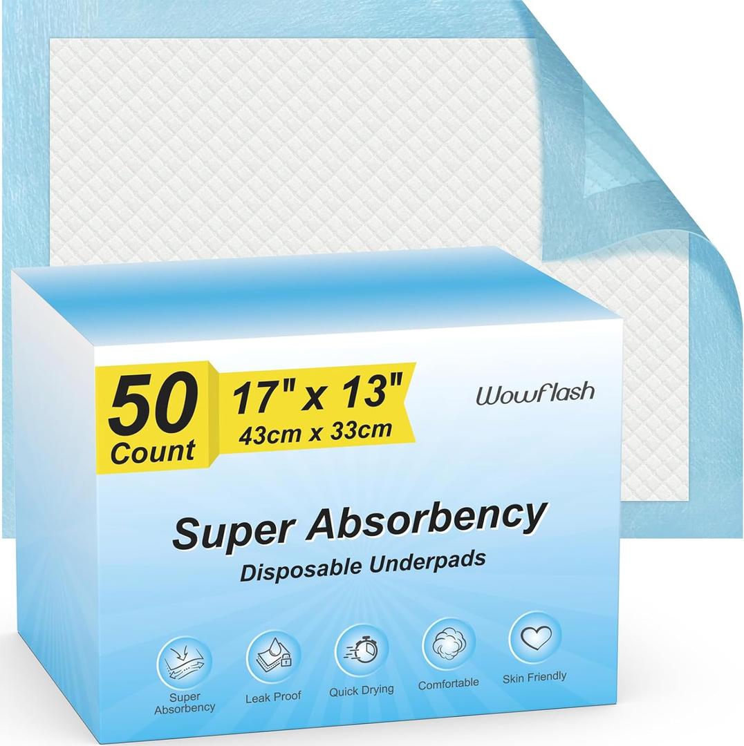 50 Count Super Absorbency Disposable Underpads, Leakproof Quick Drying Disposable Pads for Baby, Puppy and Adults, Disposable Changing Pads for Baby, Disposable Diaper Changing Pads, 17 x 13