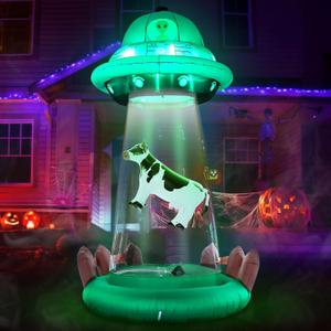ZPISF 10 FT Halloween Inflatables UFO with Floating Cow Outdoor Decorations, Blow Up UFO Halloween Yard Decorations for Front Lawn Garden Decor