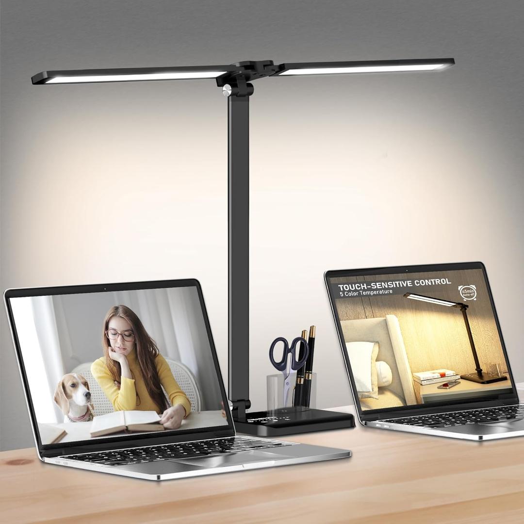 Dimmable LED Desk Lamp with USB Charging Port, 50 Lighting Modes Dual Swing Arm Architect Table Lamp Light Desk Lamp for Home Office Dorm Piano Nail (Black)