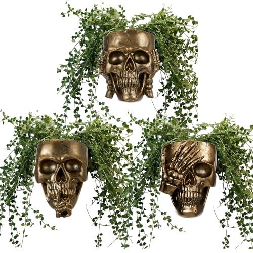 RimCereal 3 Pcs Skull Planter Skeleton Wall Hanging Planter Pot Gothic Spooky Head Face Flower Pot Garden Decor for Festival Party Indoor Outdoor Plants Home Garden Office Decorations(Gold)