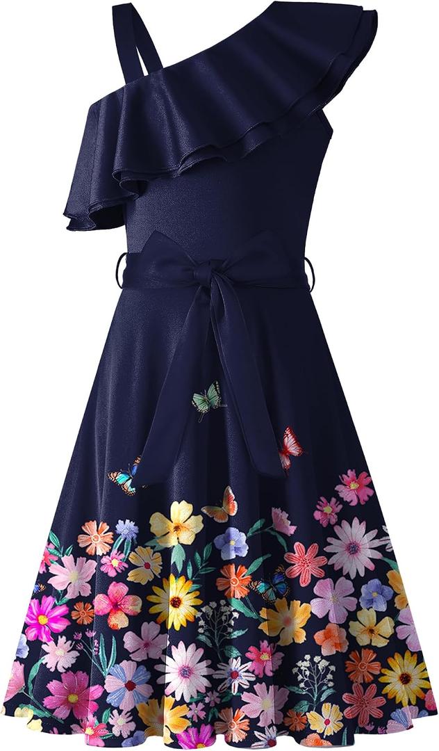 Arshiner Girls Summer Dress One Shoulder Formal Party Dresses with Pockets (Blue, S)