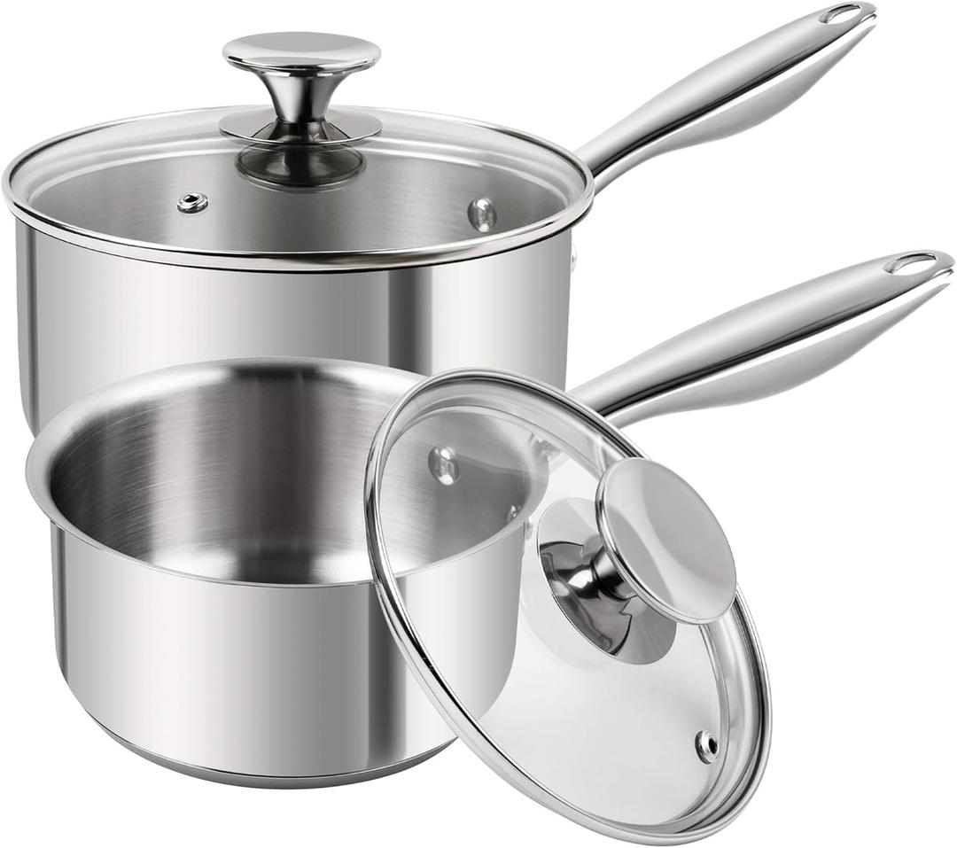 MICHELANGELO Stainless Steel Saucepan Set 1Qt & 2Qt, 18/10 Stainless Steel Pot Set, Induction Saucepan with Glass Lid, Dishwasher & Oven Safe (No Coating & Non-toxic)