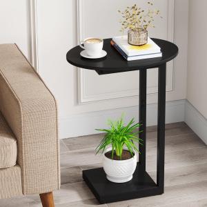 Hosfais Small Side Table End Table, C-Shaped Wood Coffee Table TV Tray for Eating Couch Tables for Small Space, Living Room, (Black) (Oval)