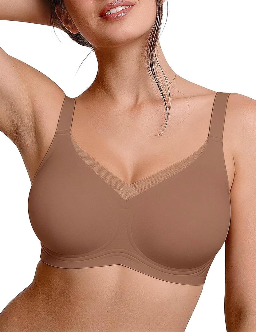 Vertvie Wireless Bras Women Seamless Jelly Supportive Mesh Crossover Bra No Underwire Push Up Full Coverage T-Shirt Bralette Vervie Brown XXL