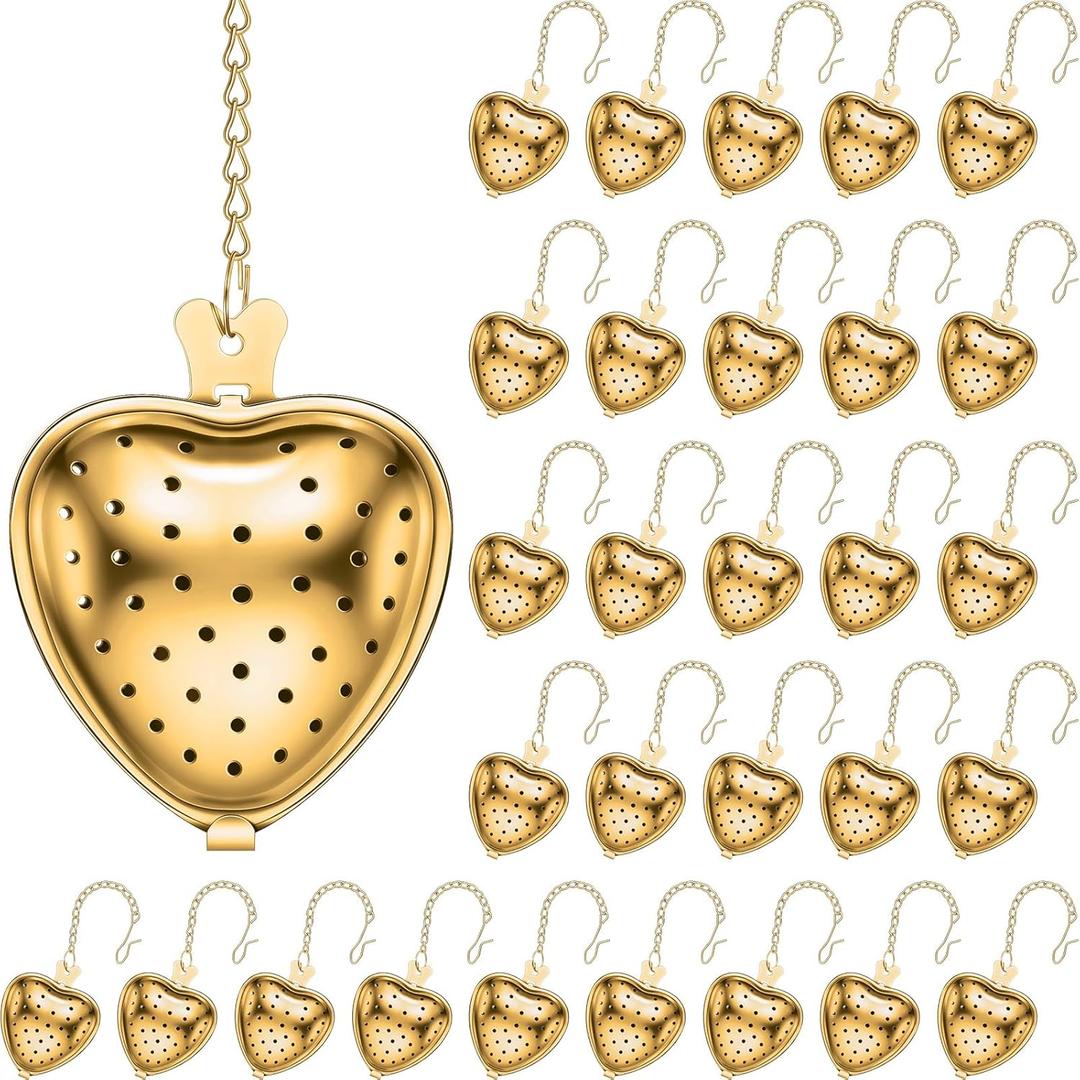 Sumind 50 Pcs Stainless Steel Tea Strainer Ball Infuser Loose Leaf Steeper Interval Diffuser Heart Shape Mesh Filters with Extended Chain Hook for tea party Seasonings Cup Bottle(Gold)