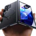 for Samsung Galaxy Z Fold 7 Case - Luxury Leather Texture Zflold 7 Case with Screen Protector, Kickstand and 360 Ring Holder Black