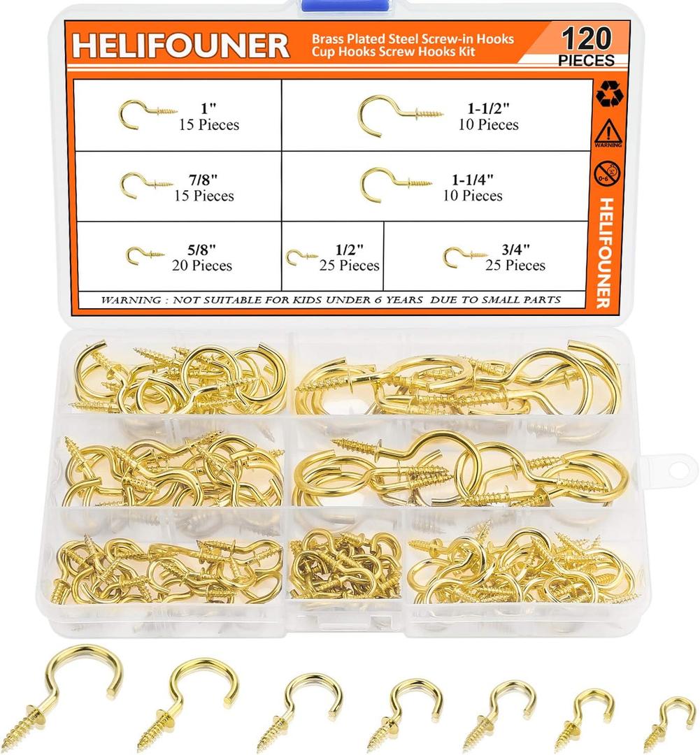 120 Pieces 7 Sizes Cup Screw Hooks, Gold Color, Screw-in Hooks, Ceiling Hooks, Self-Tapping Screws Hooks, Hanging Hooks, Screw Hooks Kit (1/2", 5/8", 3/4", 7/8", 1'', 1-1/4", 1-1/2")