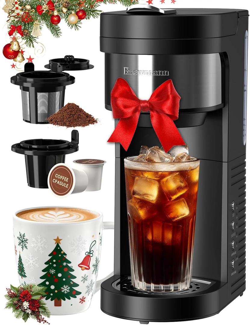 Single Serve Hot & Iced Coffee Maker, for K Cup Pod and Grounds, 6 to 24oz Brew Size, Slim Compact for Small Spaces, Descaling Reminder, with Reusable Filters, Black