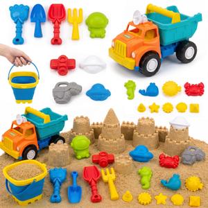 STEM Engine Beach Sand Toys for Kids 20PCS Beach Toys Collapsible Bucket, Castle Building Dump Truck with Bucket Construction Toy, Sand Molds, Shovels, Toddlers Summer Outdoor Travel Toy