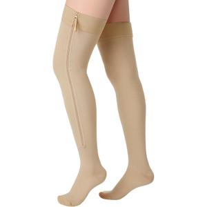 Sosation Thigh High Zipper Compression Socks 20-30 mmHg Zipper Compression Stockings Thigh High for Women Men Swelling Edema (Large, Beige)