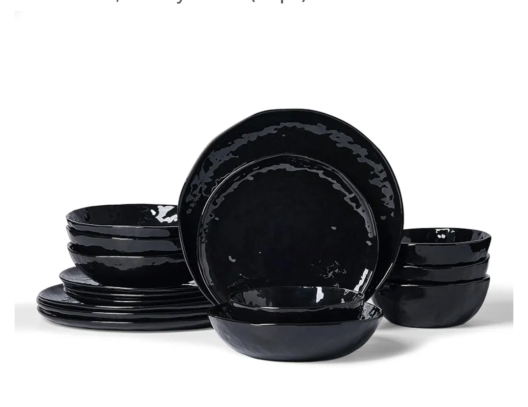 Famiware Porcelain kitchen plates and bowls set, Modern dishes set for 4, Handmade Wave Edge Dinnerware Sets, Microwave and Dishwasher Safe Tableware, Glossy-black, (16pc)