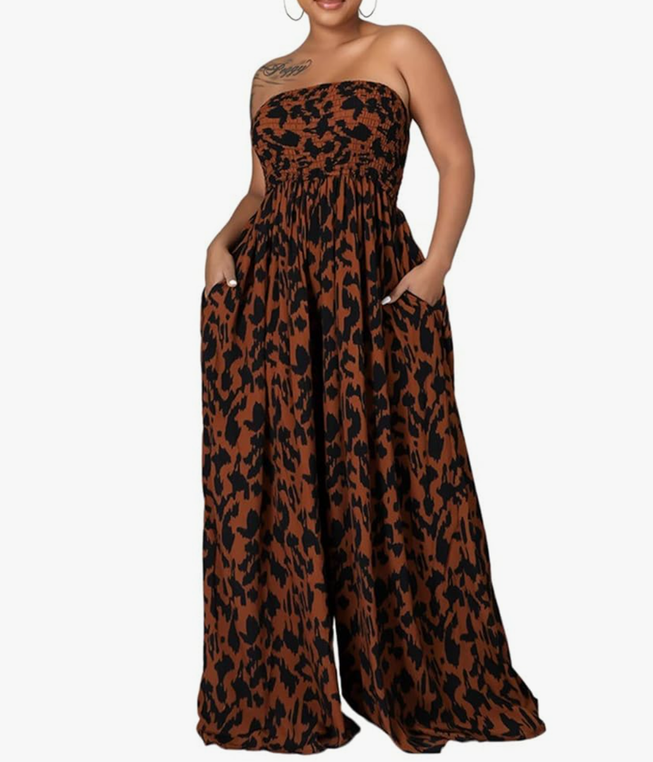 Ophestin Women's Strapless Tube Wide Leg Jumpsuits Smocked Women Jumpsuits Dressy Casual Flowy One Piece Jumpsuits Rompers, SIZE XL