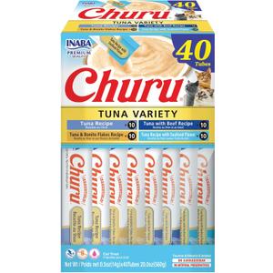 INABA Churu Cat Treats, Grain-Free, Lickable, Squeezable Creamy Pure Cat Treat/Topper with Vitamin E & Taurine, 0.5 Ounces Each Tube, 40 Tubes, Tuna Variety Box, EXP 10/30/2025 