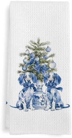 GWFSJYU Chinoiserie Dachshund Kitchen Towels, Christmas Blue Dachshunds Dish Tea Towels, Dachshund Gifts for Women, Winter Christmas Weiner Dog Decorative Hand Towel for Bathroom Kitchen, 16x24