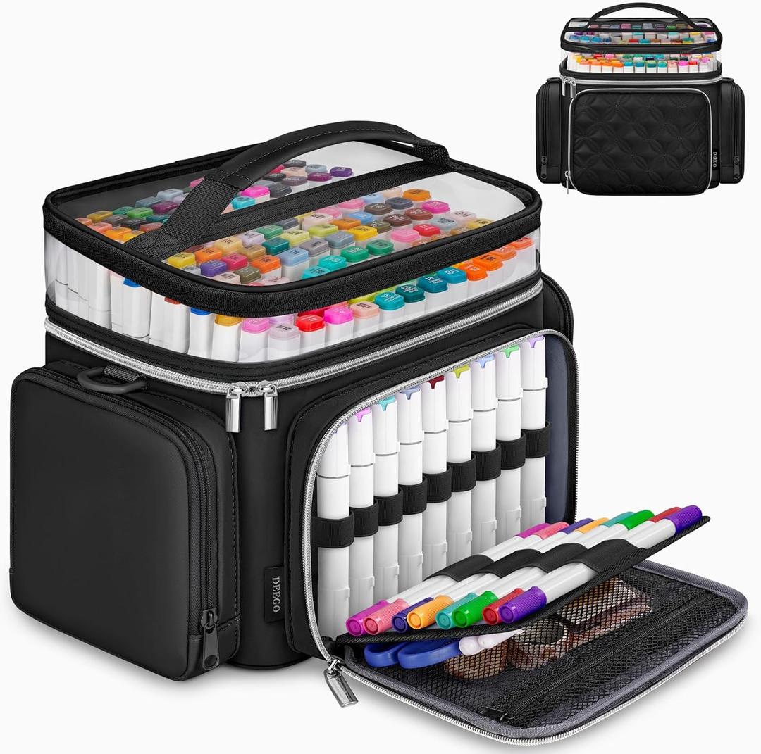 DEEGO Marker Organizer Case for 200+ Markers, Large Marker Storage Bag with Adjustable Dividers and 4 Pockets, Marker Carrying Bag for Markers, Art Supplies, Gifts for Artists Crafters (Black)