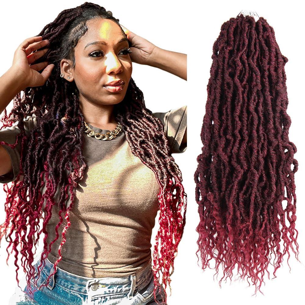 BOHOBABE Faux Locs Crochet Hair 24 Inch, Boho Soft Crochet Locs with Curly Ends, Long Bohemian Goddess Locs Crochet Braids for Black Women (6 Packs, T118) (T118(Ombre Burgundy))