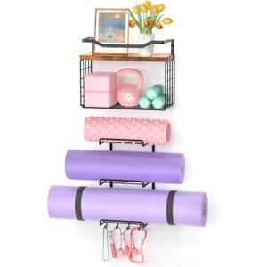 Yoga Mat Holder Wall Mount, Yoga Accessory Mats Storage Rack, Home Gym Accessories Organizer Storage With Wood Floating Shelves, Storage Basket and 4 Hook For Hanging Yoga Strap & Resistance Bands