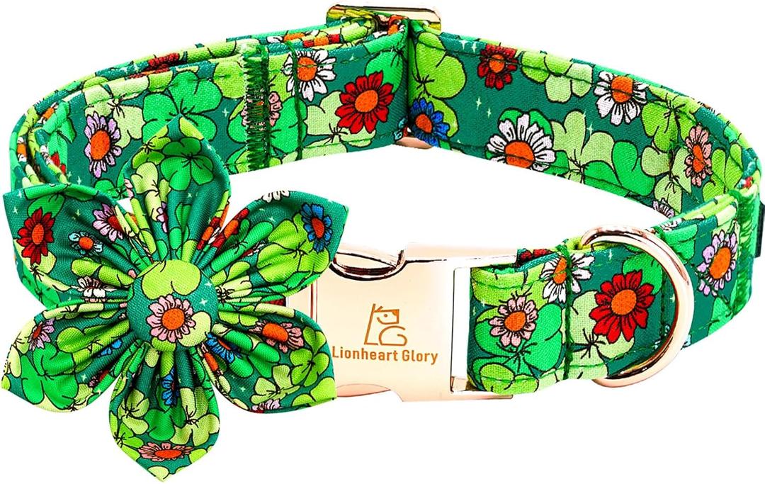 Lionheart glory St. Patrick's Day Dog Collar with Flower-Lucky Clover Shamrock Dog Bow Collar for Medium Dogs Green Spring Trefoil Dog Collar Flowers Adjustable Heavy-Duty Collar Pet Gift (Medium (Pack of 1)