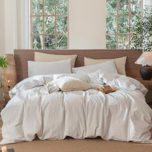 MooMee Striped Duvet Cover Set 100% Washed Cotton Linen Like Textured Breathable Durable Soft Comfy (White Cornflower Blue Wide Stripes, Twin 68"x90")