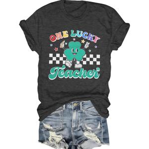 St Patrick's Day Shirt Women One Lucky Teacher Green Shamrock Graphic Tees Teacher Shirts Lucky Irish Tops (Gray, S)