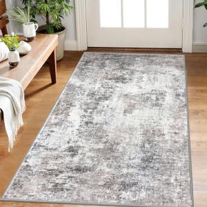 Lansny Modern Abstract Small Area Rug Indoor 3x5 Washable Rug Non-Slip Soft Beige Grey Neutral Entryway Rug Kitchen Mats Thin Print Faux Wool Floor Carpet Throw Rugs for Entrance Bedroom Home Decor